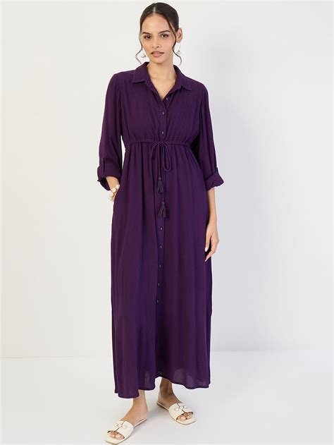 Deep Purple Crinkled Button Down Maxi Dress