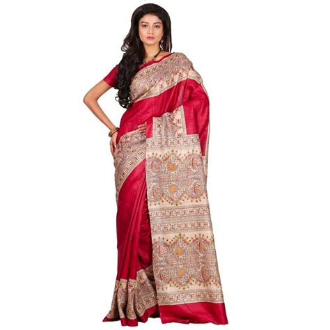 Buy PURE HANDLOOM TUSSAR GHICHA MADHUBANI PRINTED PURE SILK SAREE WITH ...