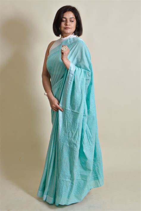 Fabnuma Handcrafted Sea Green Mulmul Cotton Chikankari Saree-Blouse ...