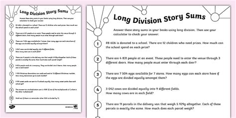 Long Division with Story Sums - Activity Sheet