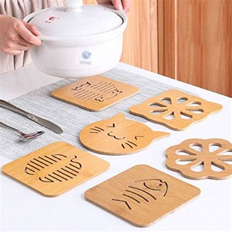 HOKIPO® Eco-friendly Bamboo Wooden Coasters for Home Pan Pot Holder for ...