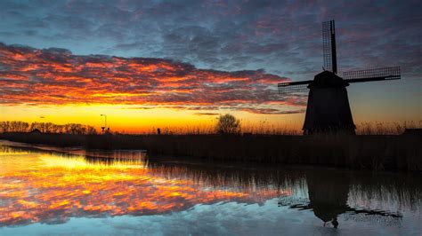Download wallpaper 1920x1080 windmill, dark, dusk, river, nature full ...