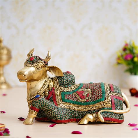 Colorful Holy Kamdhenu Cow Handcrafted Brass Idol with Stone Work ...