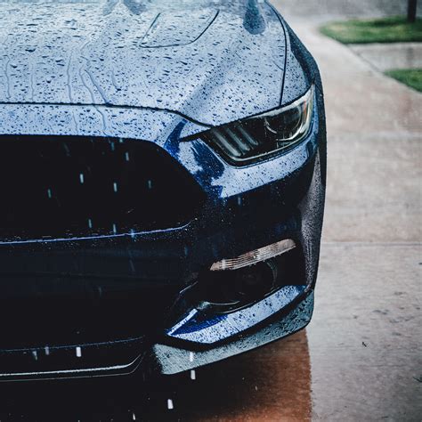 Download wallpaper 3415x3415 ford mustang, headlight, front view, rain ...