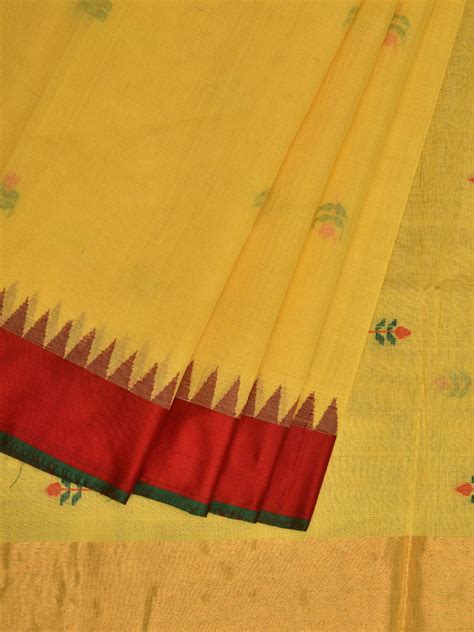 Yellow Khadi Cotton Handloom Plain Saree with Jamdani Buta and Temple ...
