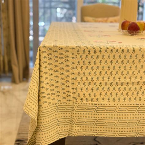 Handblocked Floral Cotton Table Cover | 60 X 90 | 6-Seater Dining Tabl ...