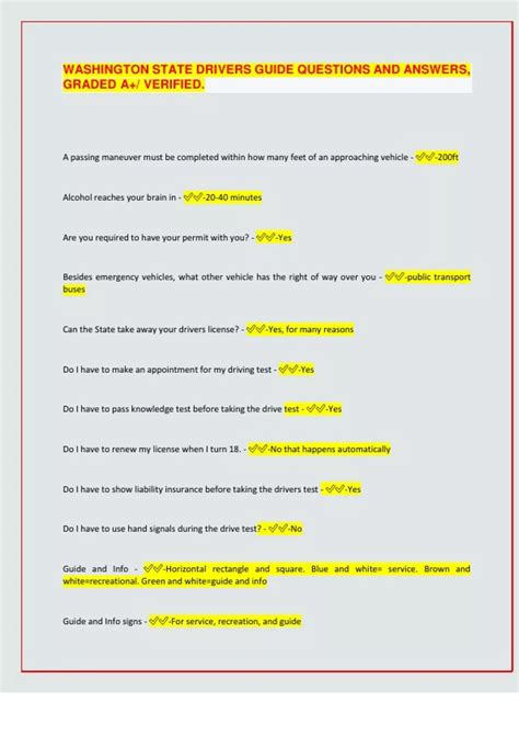 WASHINGTON STATE DRIVERS GUIDE QUESTIONS AND ANSWERS, GRADED A+ ...