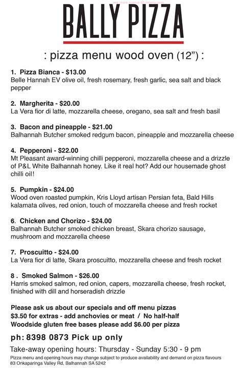 Menu at Bally Pizza pizzeria, Balhannah