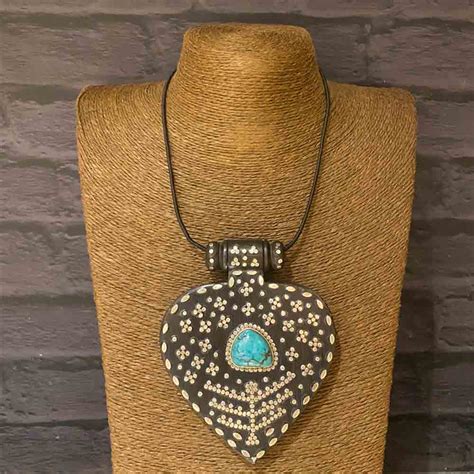Drop Shaped Wooden Onyx Pendant Statement Silver Necklace - 925 ...