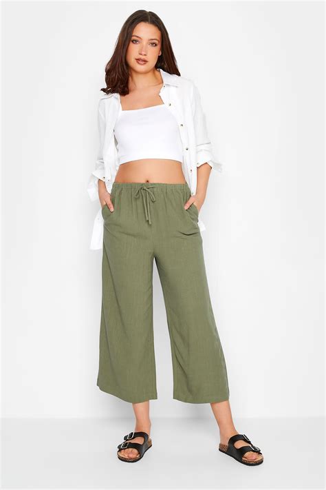 LTS Tall Women's Khaki Green Wide Leg Cropped Linen Look Trousers ...