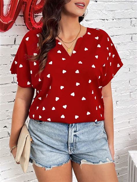 SHEIN LUNE Plus Size Love Shirt Floral Print Batwing Sleeve Blouse ...