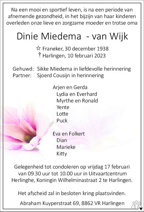 Dinie Miedema-van Wijk 10-02-2023 overlijdensbericht en condoleances ...