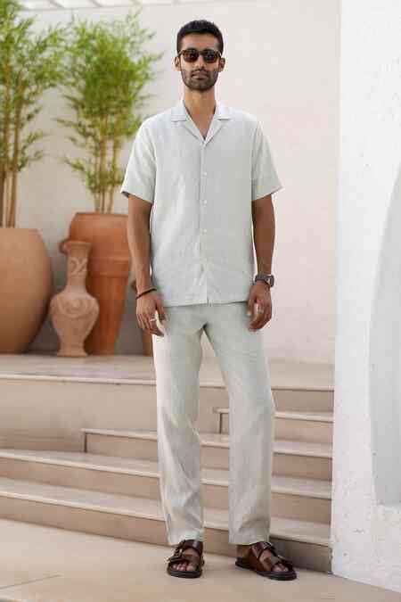 Buy Green Linen Cuban Collar Shirt And Trouser Set For Men by Asuka ...