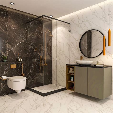 Black And White Marble Bathroom Design With Grey Vanity Storage And ...