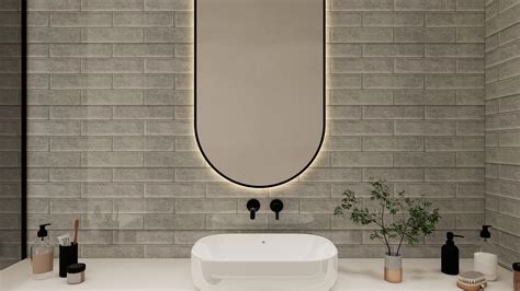 Elegant Grey Subway Tiles with Backlit Mirror for a Contemporary Bathroom
