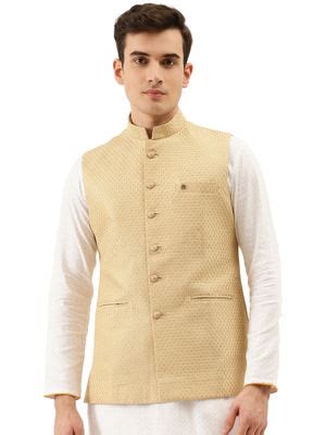Buy Manyavar Fawn Silk Blend Nehru Jacket Online