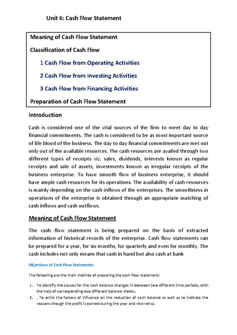 Unit 6: Comprehensive Overview of Cash Flow Statements - Studocu