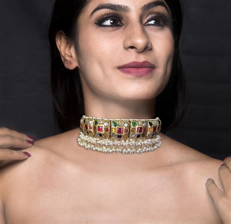 23k Gold and Diamond Polki double-sided Navratna Choker Necklace with ...