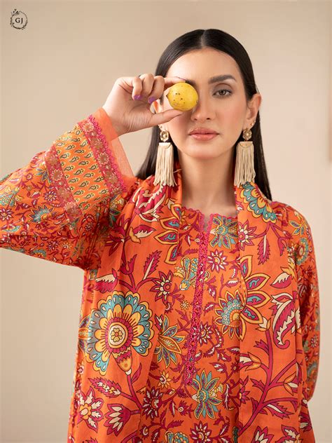 Gulljee Hala Lawn GJHAL2501A9: Vibrant Orange Pakistani Lawn Suit for ...