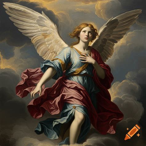 A classical painting depicts an angel with golden-red hair, large white ...