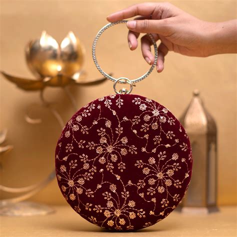 Red And Golden Sequins Embroidery Round Clutch - Artklim