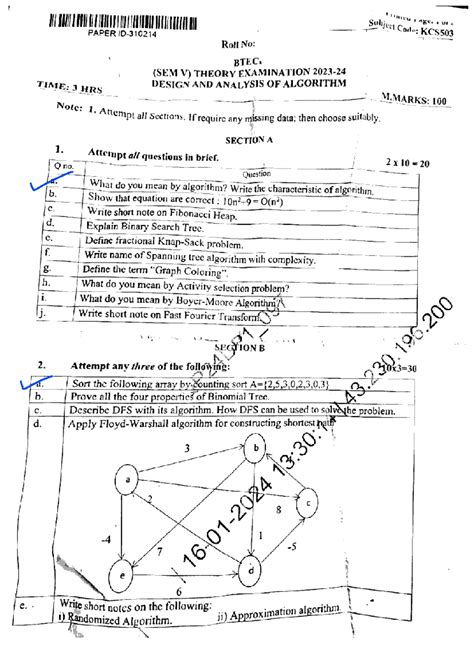 2023-24 - daa question paper 2023-24 - Subject PAPER Code: KCS503 Roll ...