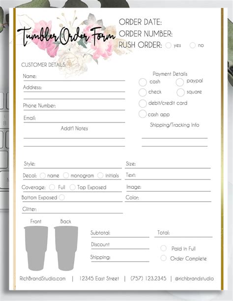 Free Printable Tumbler Order Form