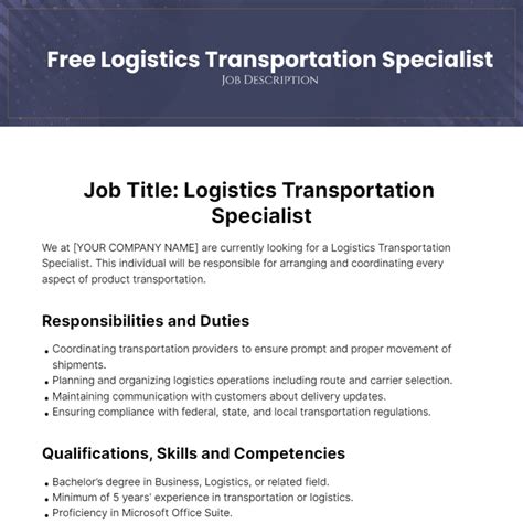 Free Logistics Transportation Specialist Job Description Template to ...