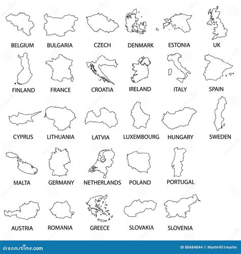 Simple Black Outline Maps All European Union Countries Collection Eps10 ...