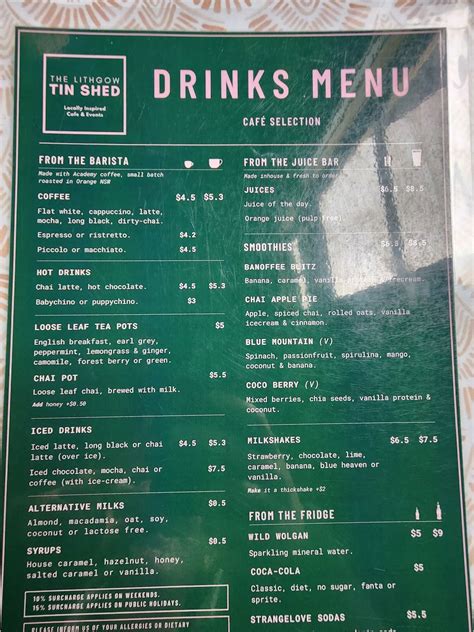 Menu at The Lithgow Tin Shed cafe, Lithgow, 69 Bridge St
