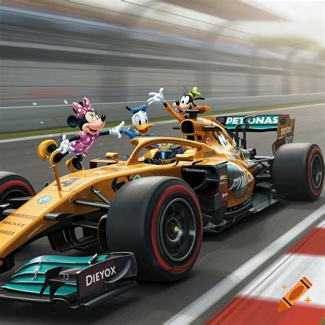 Cartoon Disney characters Mickey, Donald, and Goofy ride on a Formula 1 ...
