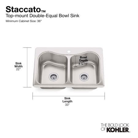 Kohler K-3369-4-NA Staccato 33" Double Basin Top-Mount 18-Gauge ...