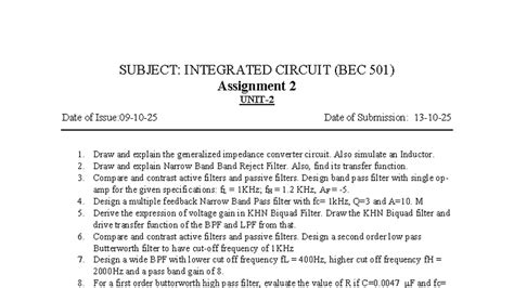 BEC 501: Assignment 2 on Integrated Circuits and Filters - Studocu