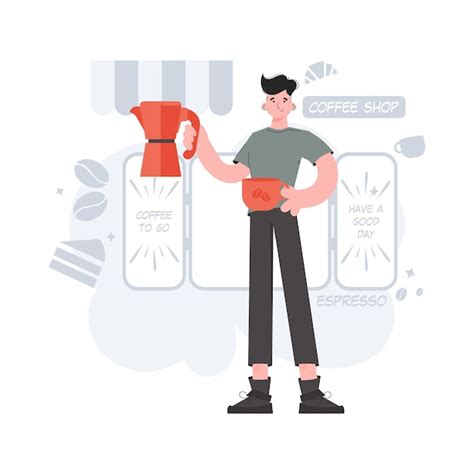 A man stands in full growth in his hands a cup and a coffee pot coffee ...