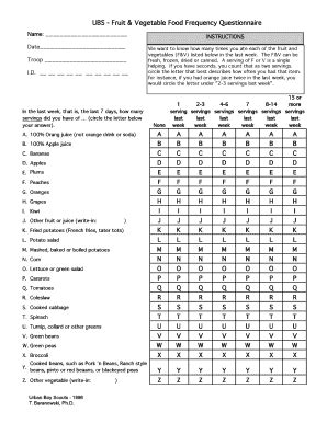 UBS Fruit & Vegetable Food Frequency Questionnaire - Fill Out, Sign ...