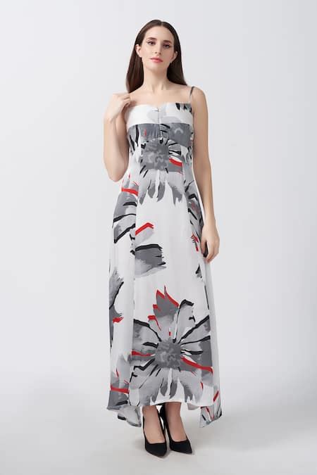 Buy White Modal, Satin Square Neck Floral Print Asymmetric Panelled ...