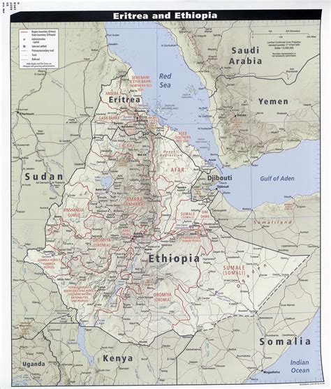 Large detailed political and administrative map of Ethiopia and Eritrea with relief, roads ...