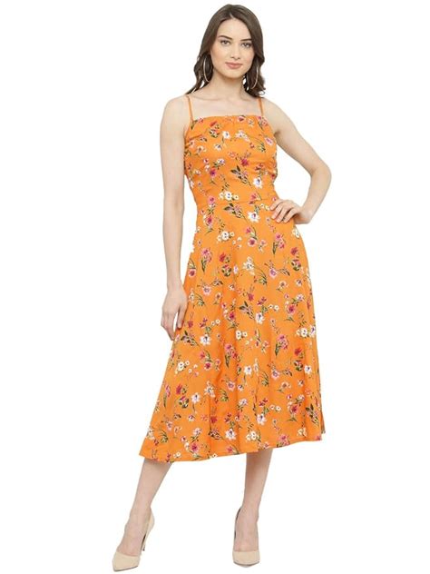 Buy Aahwan Peach Crepe Floral Printed Midi Dress for Women (KV-113 ...