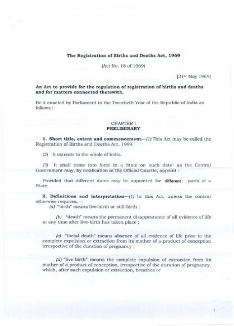 India - The Registration of Births and Deaths Act, 1969 (Act No.18 of 1968)