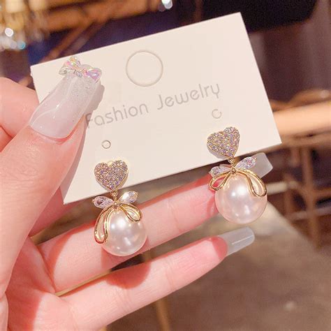 Love Bow and Pearl Stud Korean Earrings (2 Pcs/Set) – Vembley