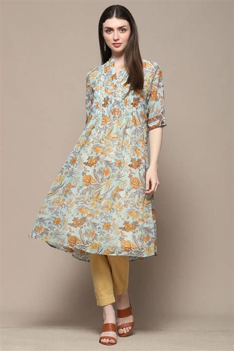 Yellow Teal Polyester Straight Kurta at Biba India
