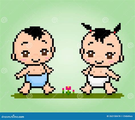Pixel Baby Boy and Girl is Playing. Illustration of Cute Twin Babies ...