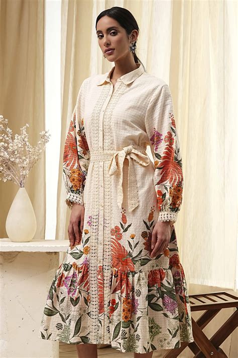 Buy Beige Cotton Floral Shirt-Style Flared Dress Online at Biba India