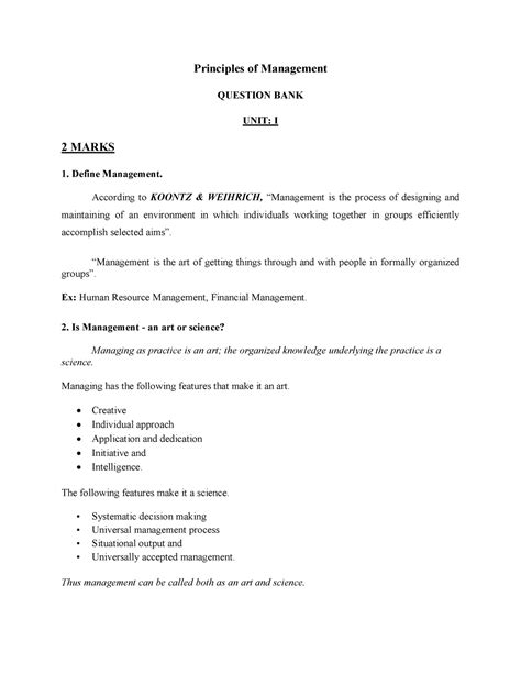 2 Marks with answers - Principles of Management QUESTION BANK UNIT: I 2 ...