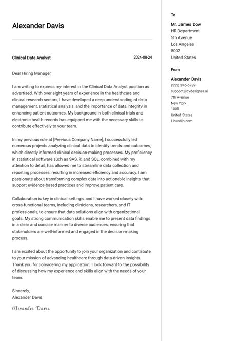 Clinical Data Analyst Cover Letter Example for 2024: Tips & Templates - CVDesigner.ai