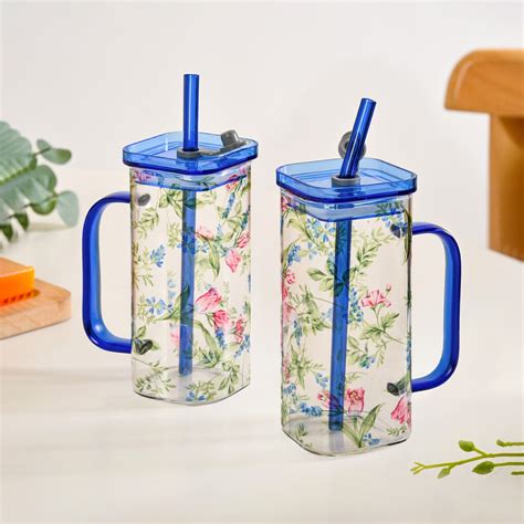 Set of 2 Blue Floral Leakproof Travel Glass Sipper Cup With Straw 365ml ...