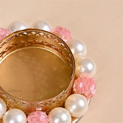 Faux Pearl Bordered Candle Holders With Pink Beads Set Of 6 Online ...