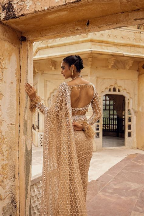 Buy Jahan Champagne Hand Embroidered Saree | Rouje