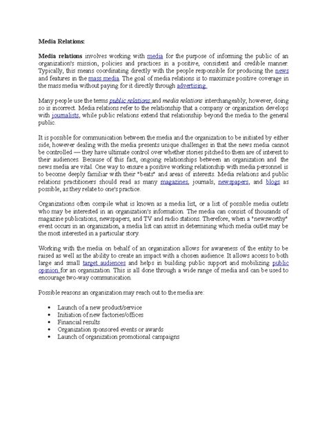 Media Relation 1 - Media Relations: Media relations involves working ...