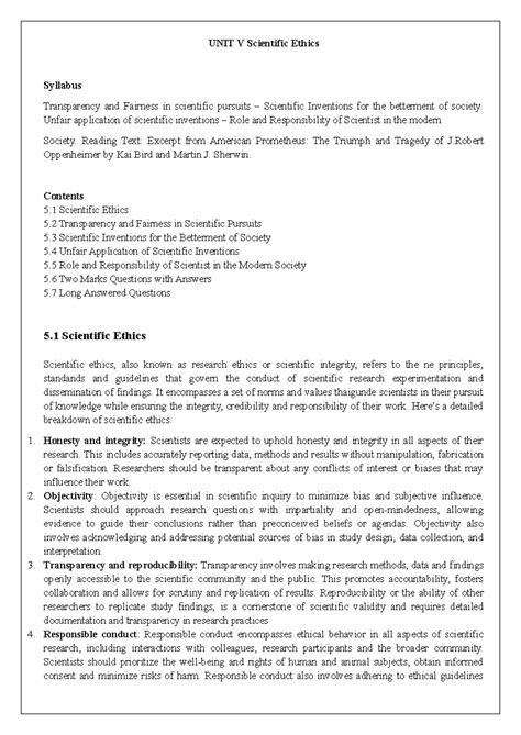 Unit V: Scientific Ethics and Responsibilities in Modern Society - Studocu